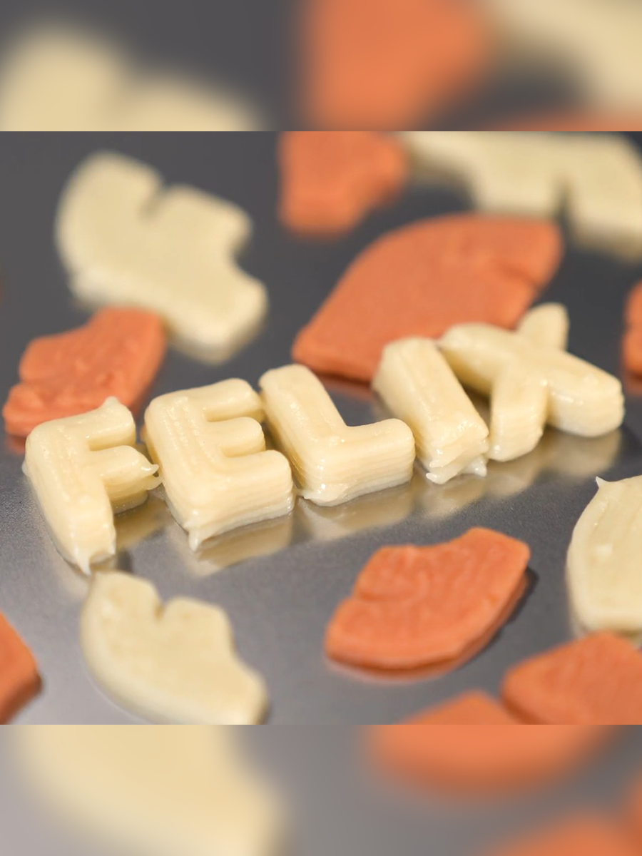 3D-printed Felix logo from potato purée & pumpkin cream – vibrant demo with the Felix Switch 3D food printer